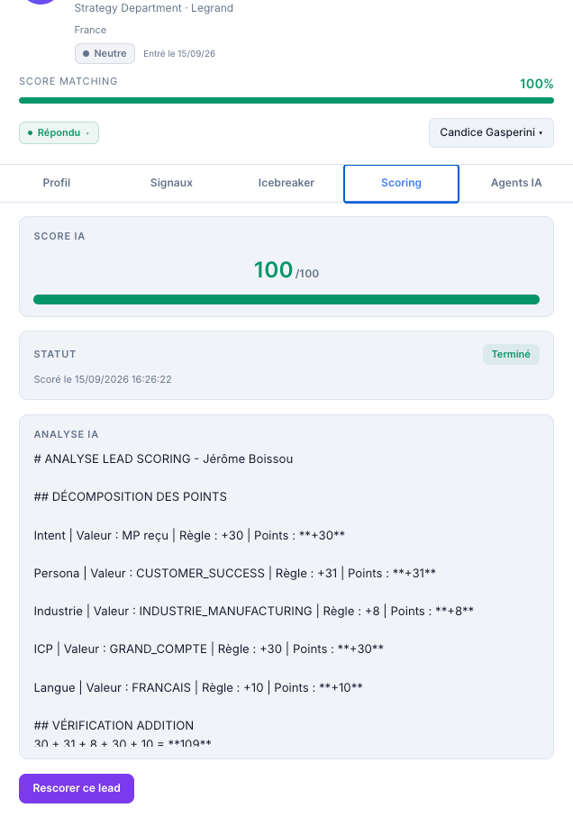 AI lead maturity scoring, displayed in French