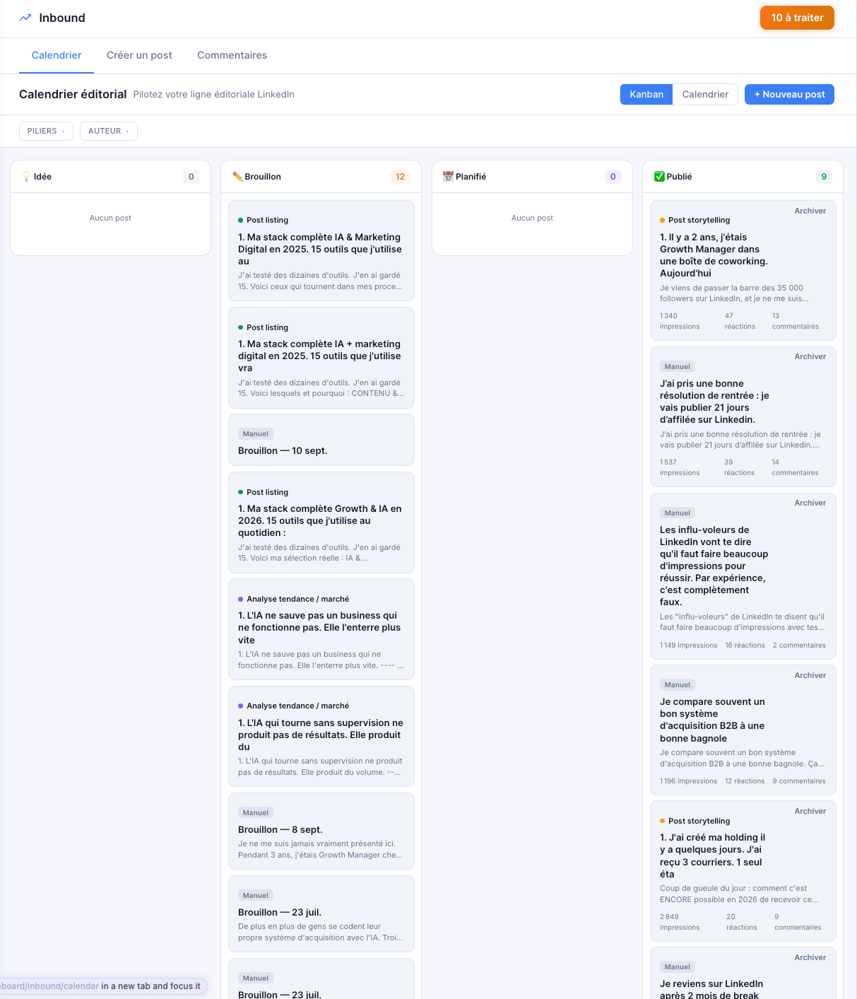 LinkedIn content creation agent, displayed in French