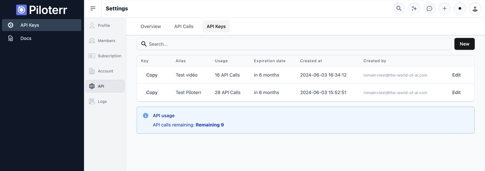 Liste des clés API dans l'interface Piloterr, avec le bouton New, leur usage et leur date d'expiration
