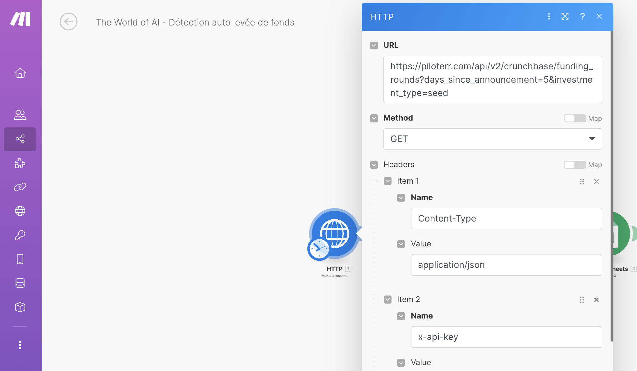 Module HTTP de Make configuré pour récupérer les levées de fonds récentes via l'API Piloterr