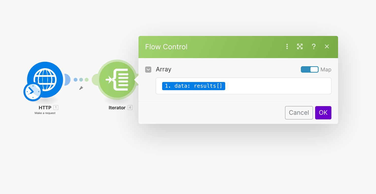 Module d'itération Make qui parcourt chaque levée de fonds renvoyée par le premier appel API