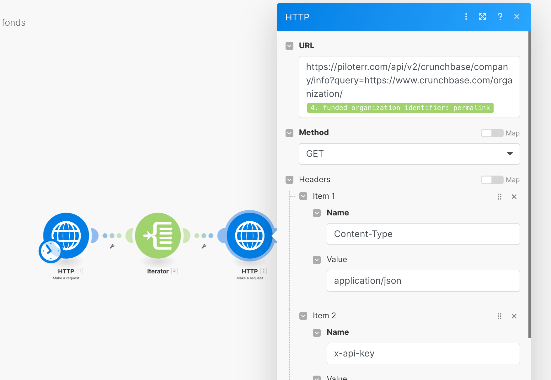 Second appel API dans Make pour récupérer les informations détaillées de chaque entreprise financée