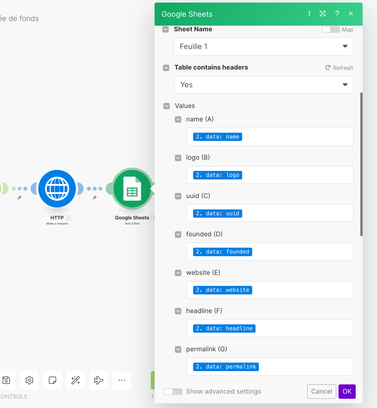 Module Google Sheets de Make qui associe les données des levées de fonds aux colonnes du tableur