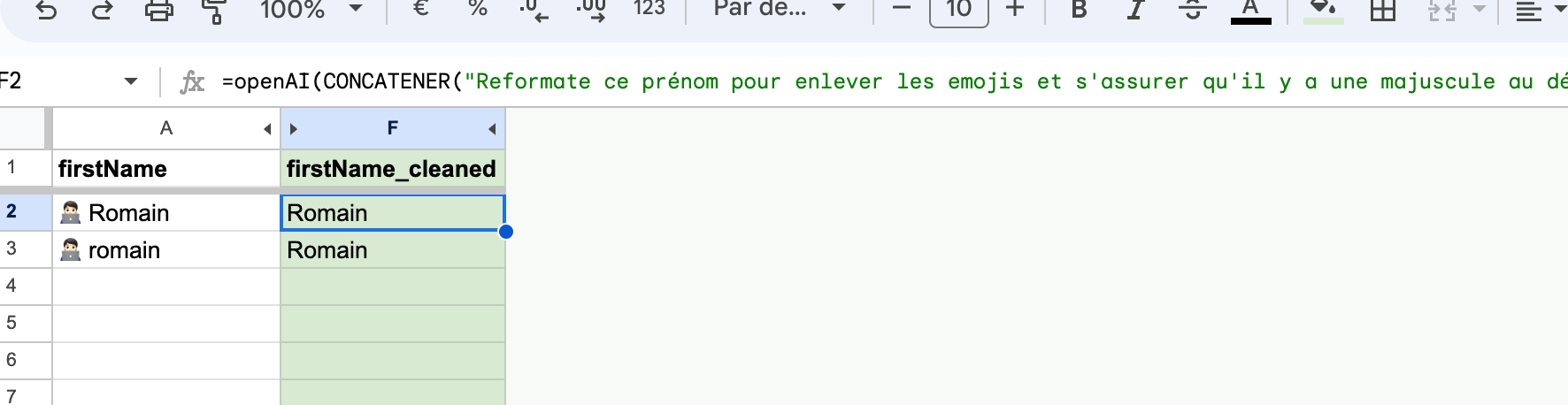 Formule openAI dans Google Sheets qui retire les emojis d'une colonne de prénoms et ajoute la majuscule initiale