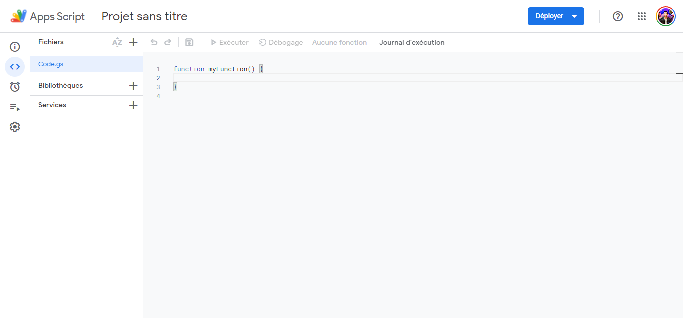 Éditeur Apps Script d'un projet sans titre, avec le fichier Code.gs ouvert et une fonction myFunction vide