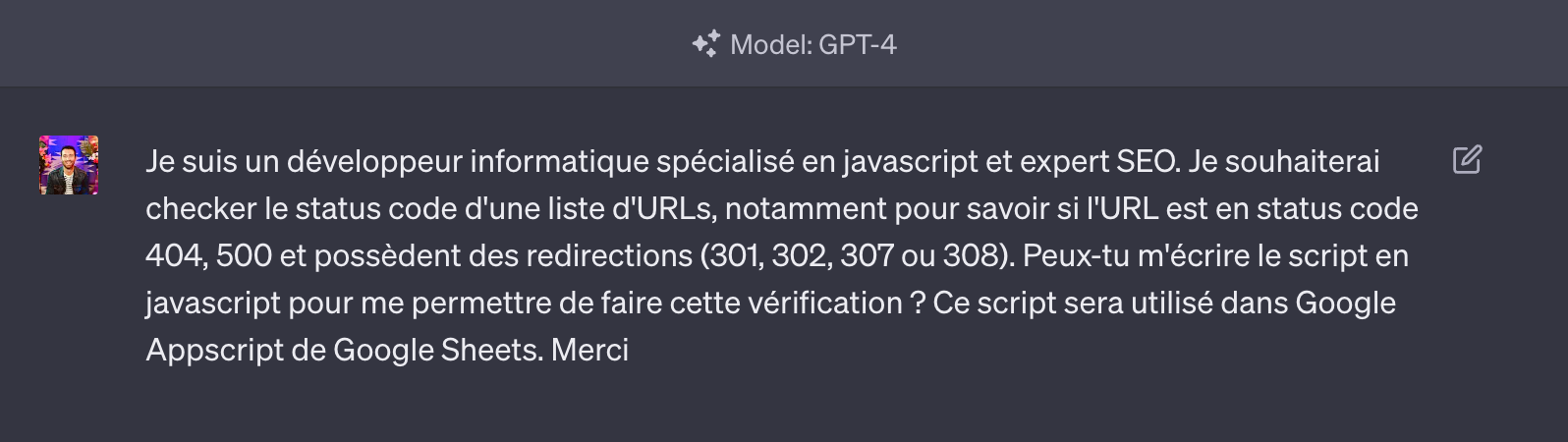 Prompt adressé à ChatGPT avec GPT-4 pour obtenir un script Apps Script qui vérifie le code de statut d'une liste d'URL