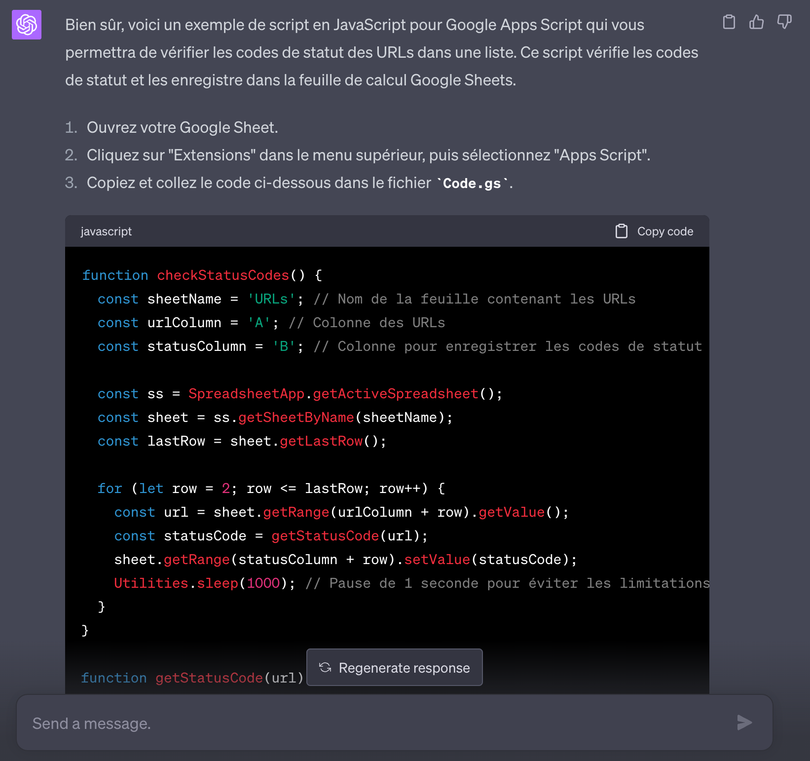 Réponse de ChatGPT avec les étapes d'installation dans Apps Script et une fonction JavaScript de vérification des URL
