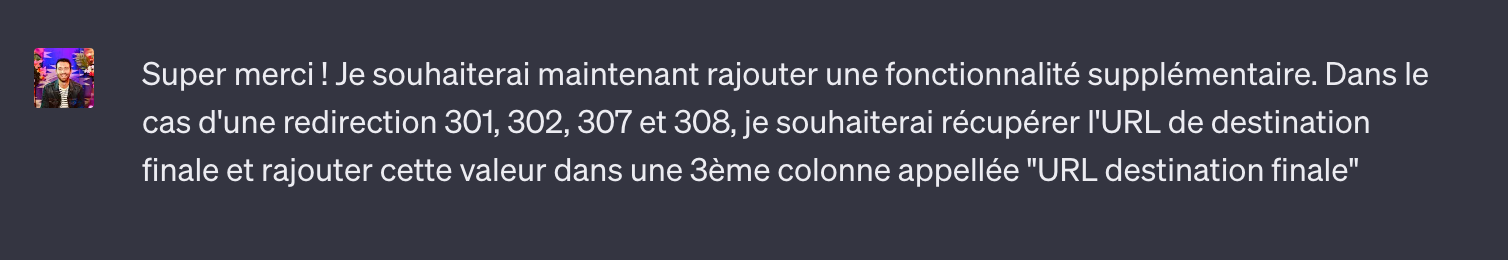 Message demandant à ChatGPT de récupérer l'URL de destination finale des redirections dans une troisième colonne du tableur