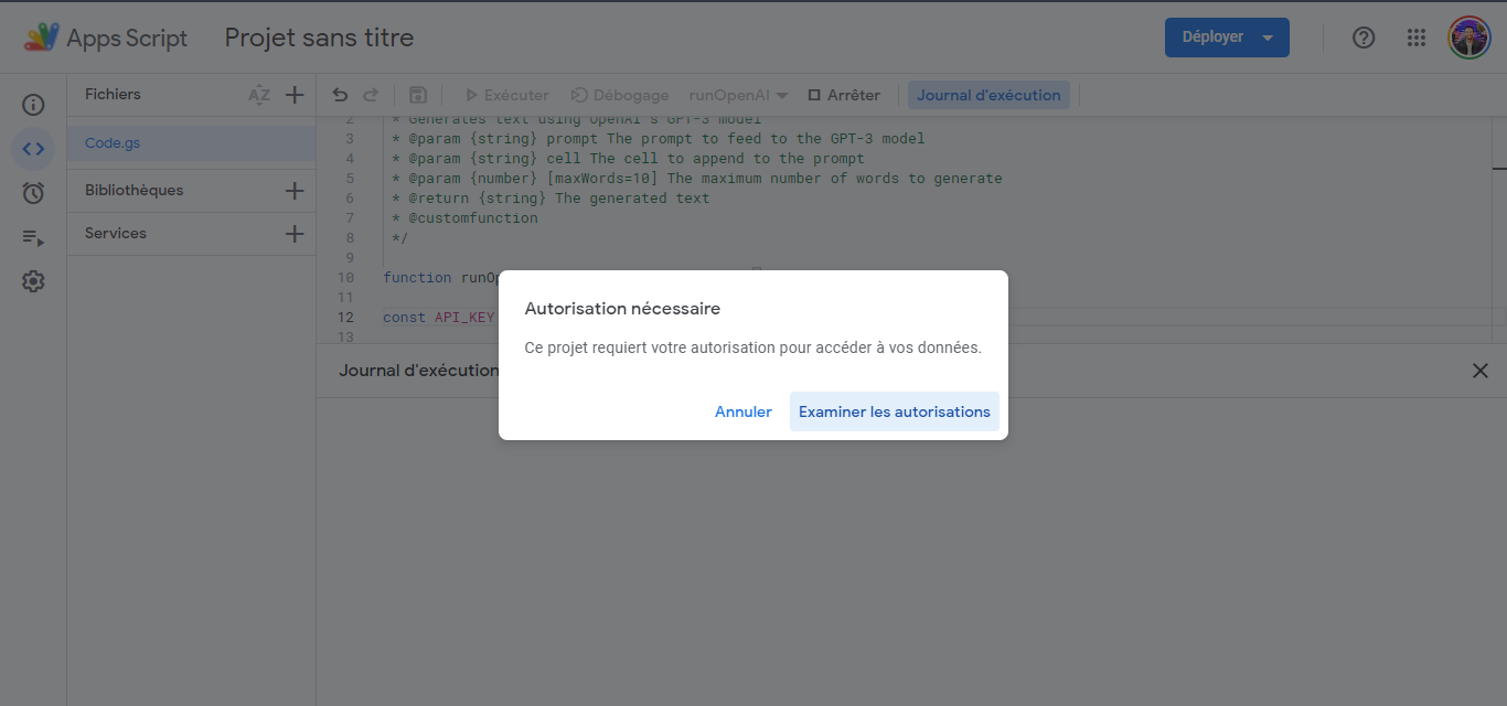 Fenêtre Apps Script indiquant qu'une autorisation est nécessaire, avec le bouton pour examiner les autorisations du projet