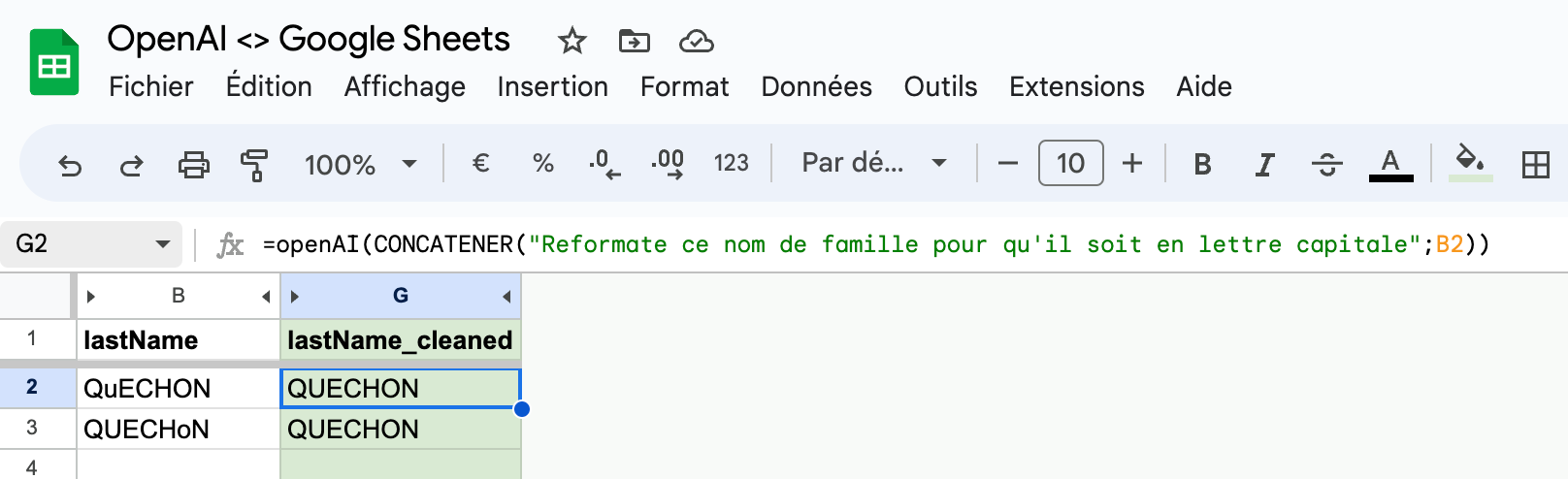 Formule openAI dans Google Sheets qui convertit une colonne de noms de famille à la casse irrégulière en majuscules