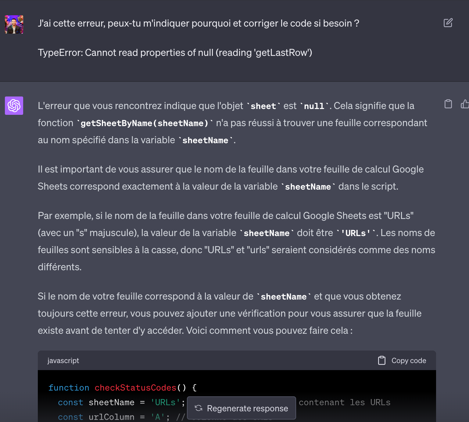 ChatGPT explique une erreur TypeError de script Google Sheets, liée au nom de la feuille, et propose un code corrigé