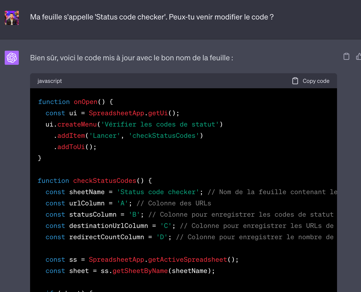 ChatGPT met à jour le script Apps Script avec le nom exact de la feuille et ajoute un menu pour lancer la vérification