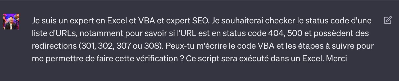 Prompt demandant à ChatGPT le code VBA et les étapes pour vérifier les codes de statut d'une liste d'URL dans Excel