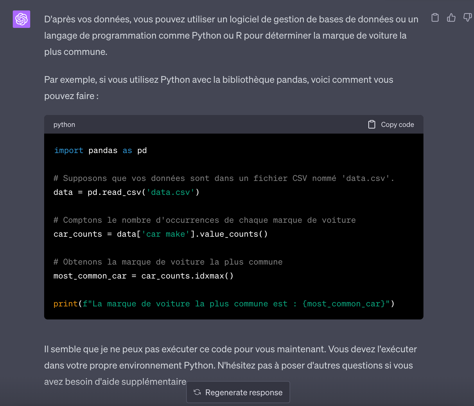 ChatGPT fournit un script Python avec pandas pour trouver la marque de voiture la plus courante dans un fichier CSV