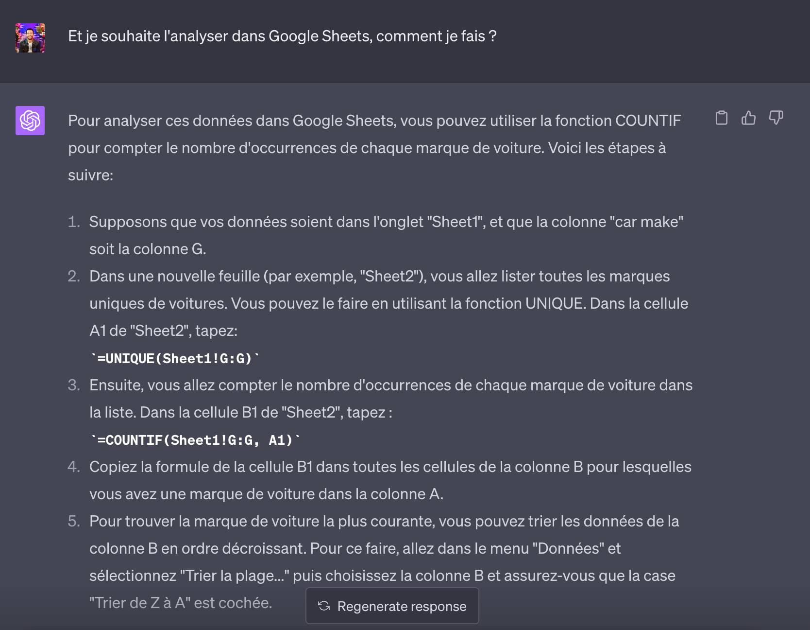 ChatGPT explique comment analyser les marques de voiture dans Google Sheets avec les fonctions UNIQUE et COUNTIF