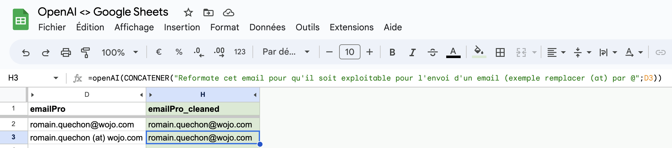 Formule openAI dans Google Sheets qui corrige une adresse email écrite avec (at) pour la rendre exploitable en emailing