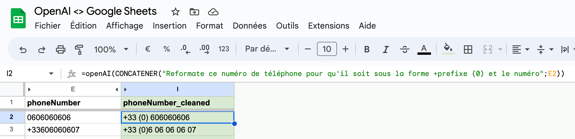 Formule openAI dans Google Sheets qui harmonise des numéros de téléphone au format international avec l'indicatif +33