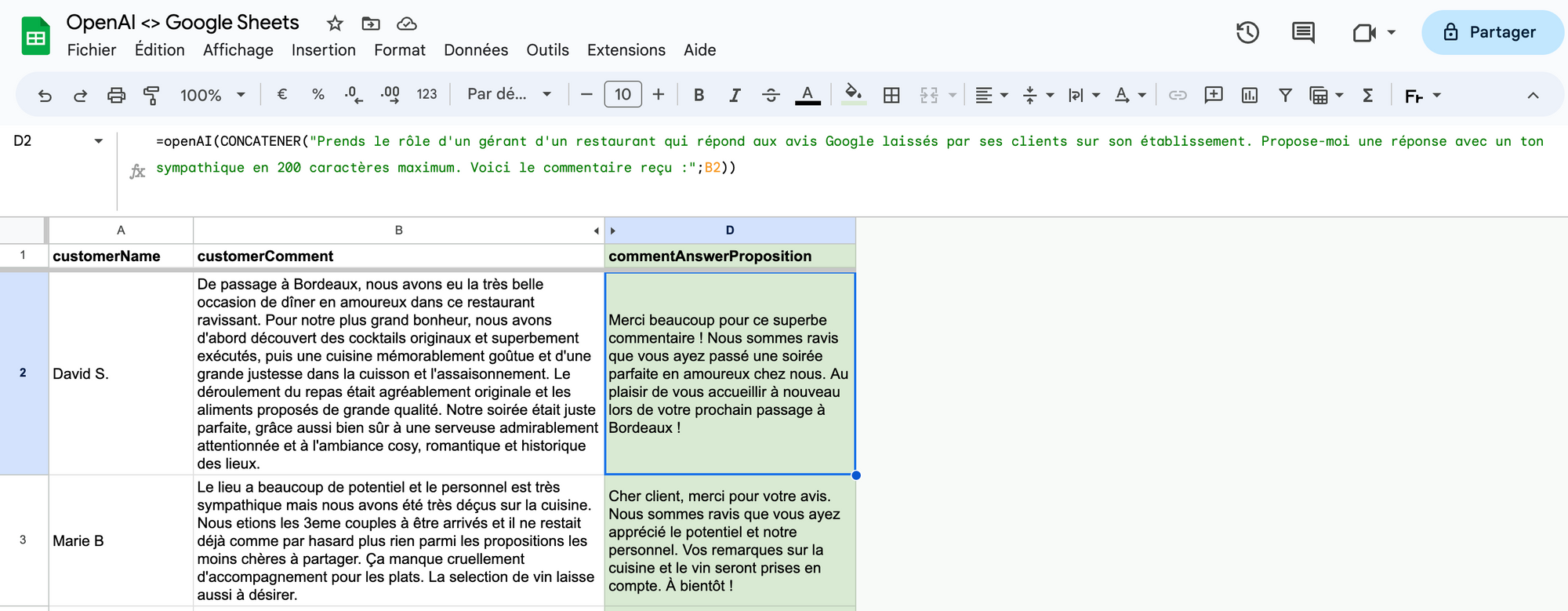 Google Sheets où une formule IA rédige une proposition de réponse aimable à chaque avis client laissé sur un restaurant