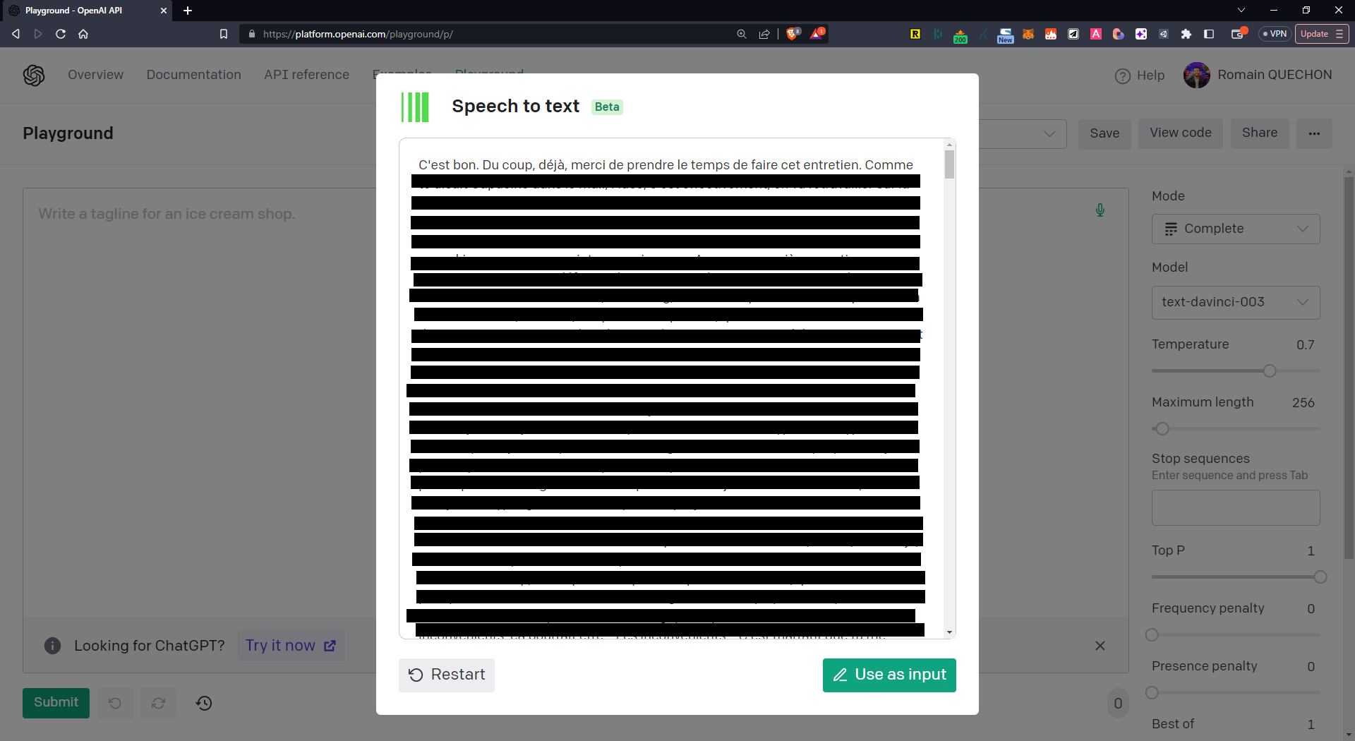Transcription complète générée par Whisper dans le Playground OpenAI, en grande partie masquée, avec le bouton Use as input