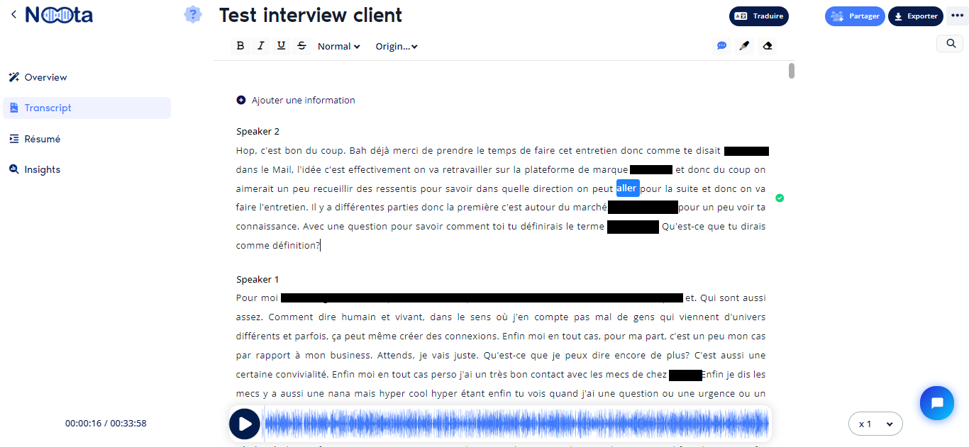 Transcription d'un entretien client dans Noota, découpée par intervenant, avec le lecteur audio de l'enregistrement