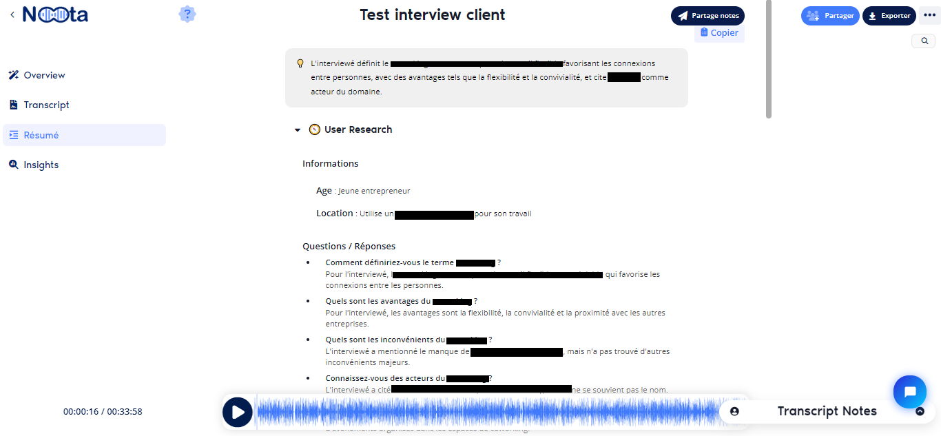 Résumé automatique Noota d'un entretien client, organisé en informations sur l'interviewé puis questions et réponses