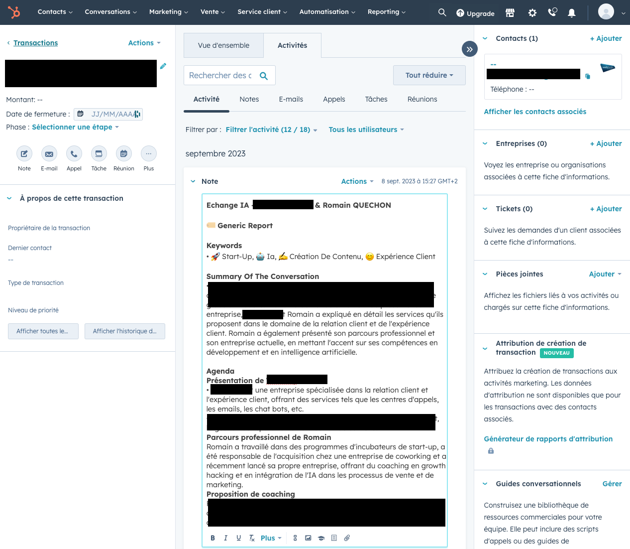 Note de compte rendu générée automatiquement et enregistrée dans une transaction HubSpot, avec résumé et mots-clés