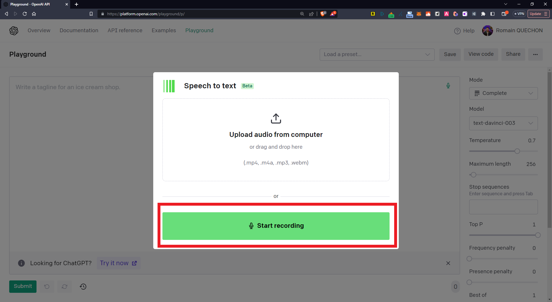 Fenêtre Speech to text du Playground OpenAI, avec le bouton Start recording encadré pour enregistrer directement