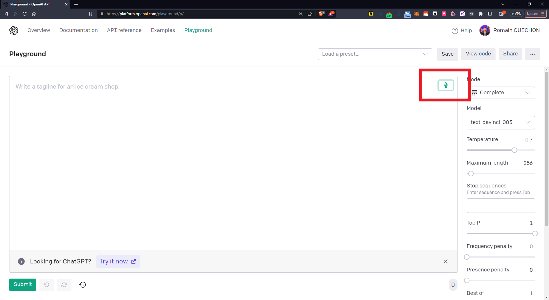 Playground de l'API OpenAI où l'icône micro est de nouveau encadrée pour importer cette fois un fichier audio