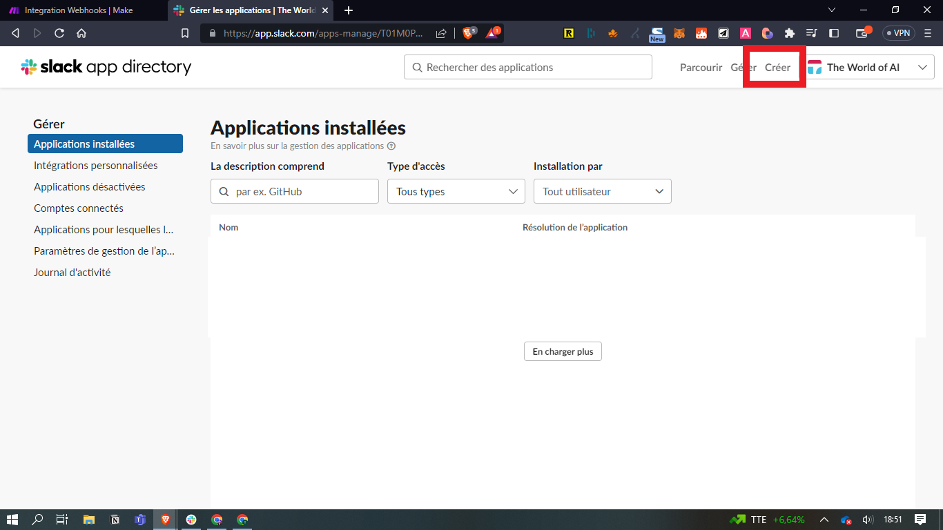 Annuaire des applications Slack montrant les applications installées, avec le bouton Créer encadré en rouge