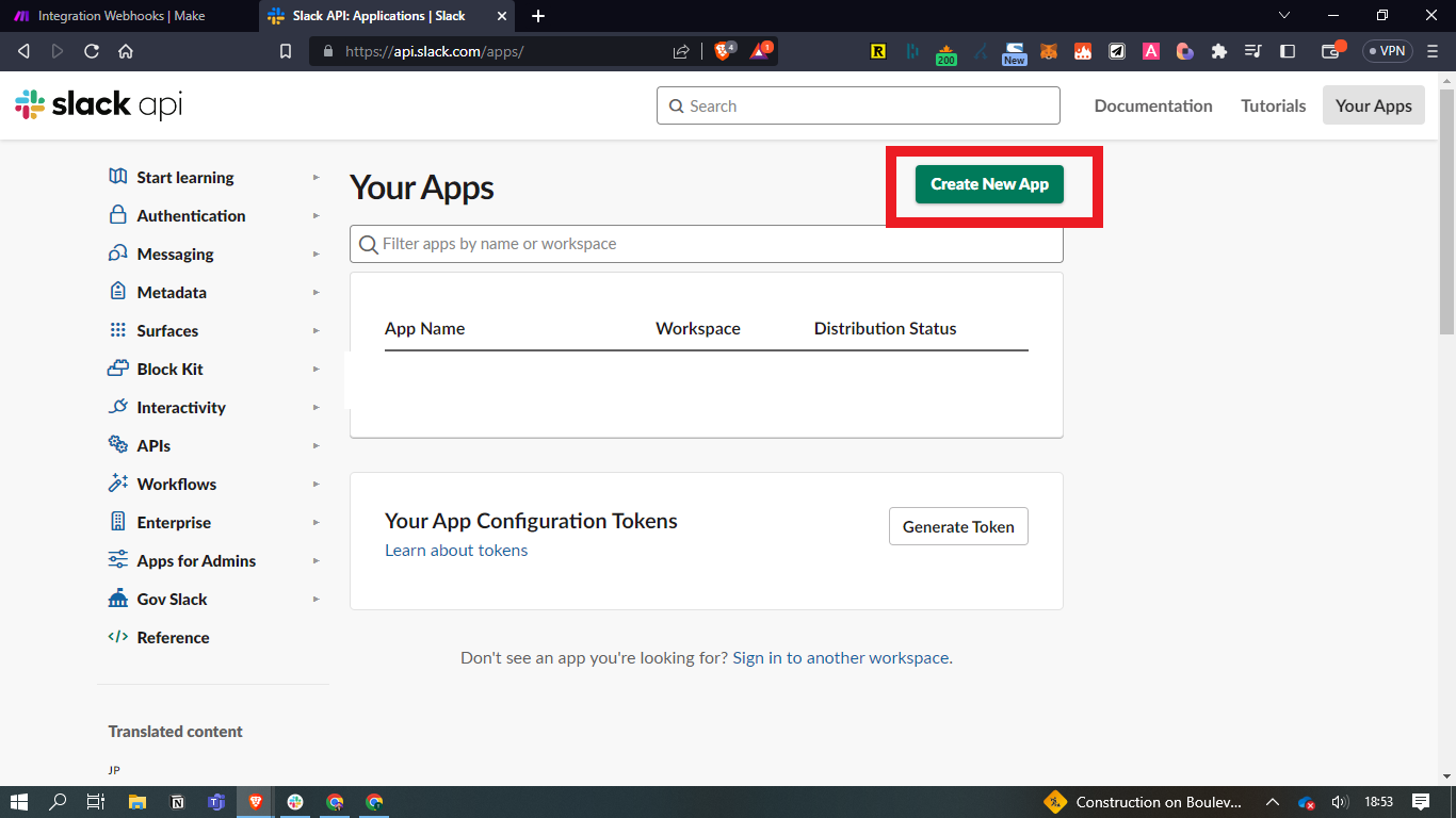 Page Your Apps de l'API Slack, sans application existante, avec le bouton Create New App encadré en rouge