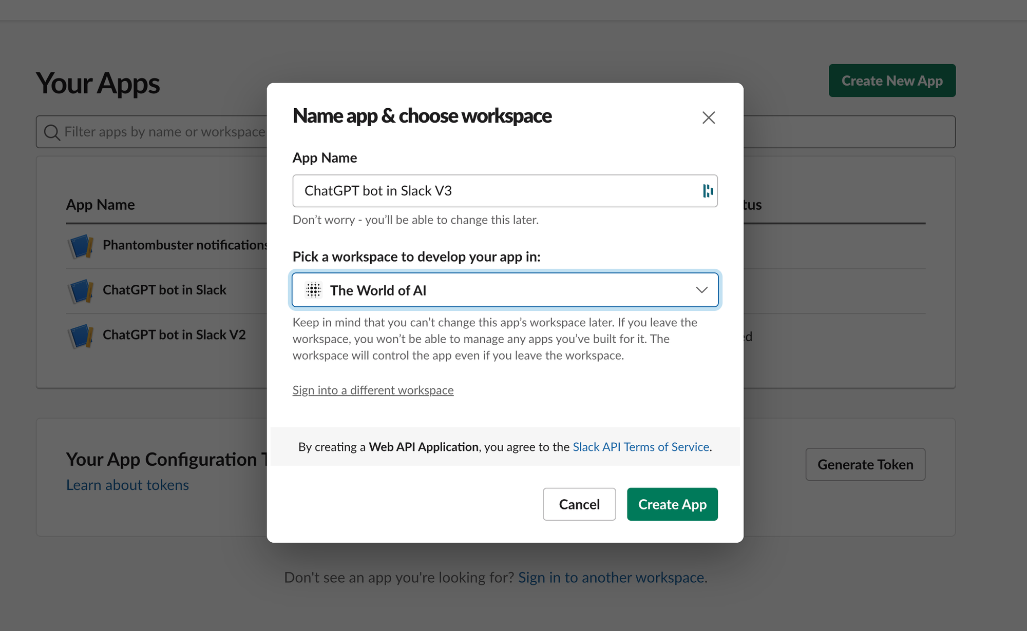 Fenêtre de création d'application Slack avec le nom ChatGPT bot in Slack V3 et le choix de l'espace de travail