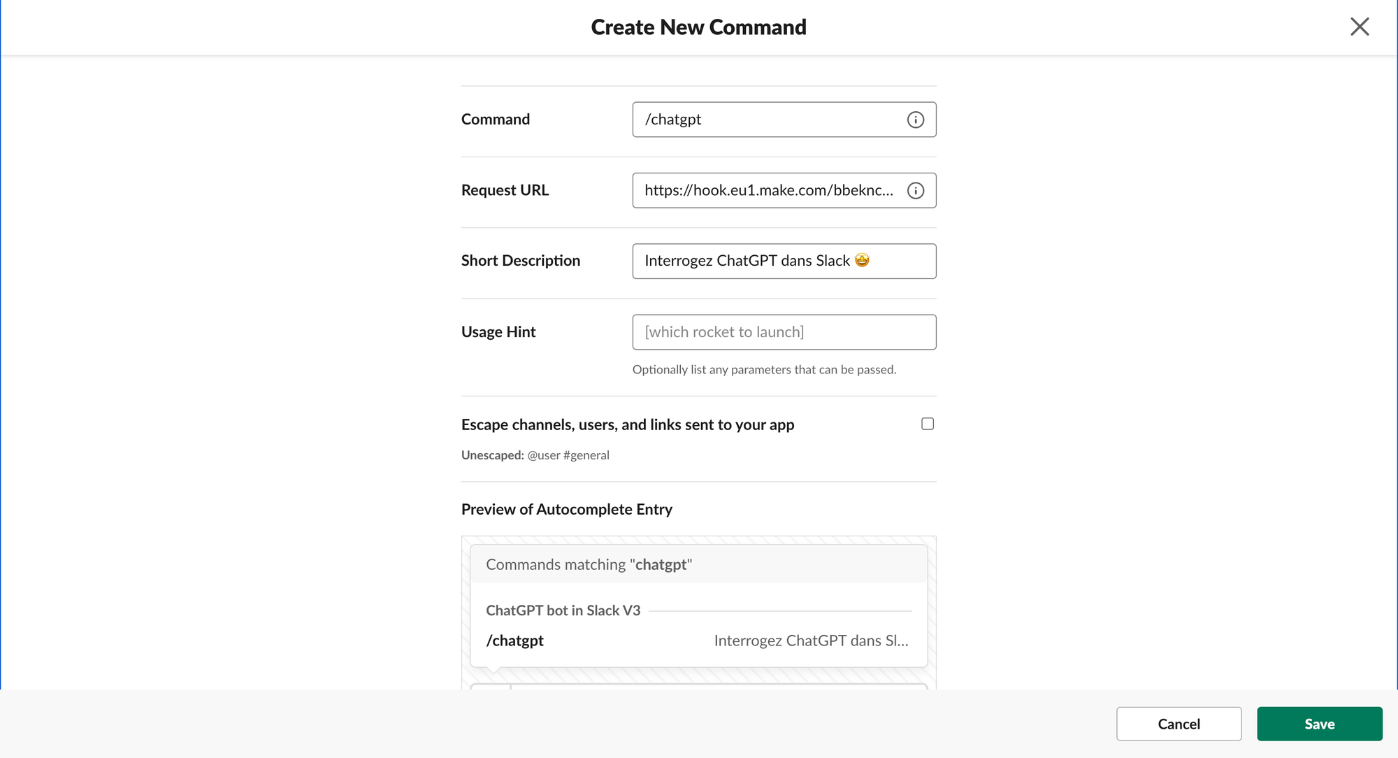 Création d'une commande Slack /chatgpt avec l'URL d'un webhook Make, une description courte et un aperçu