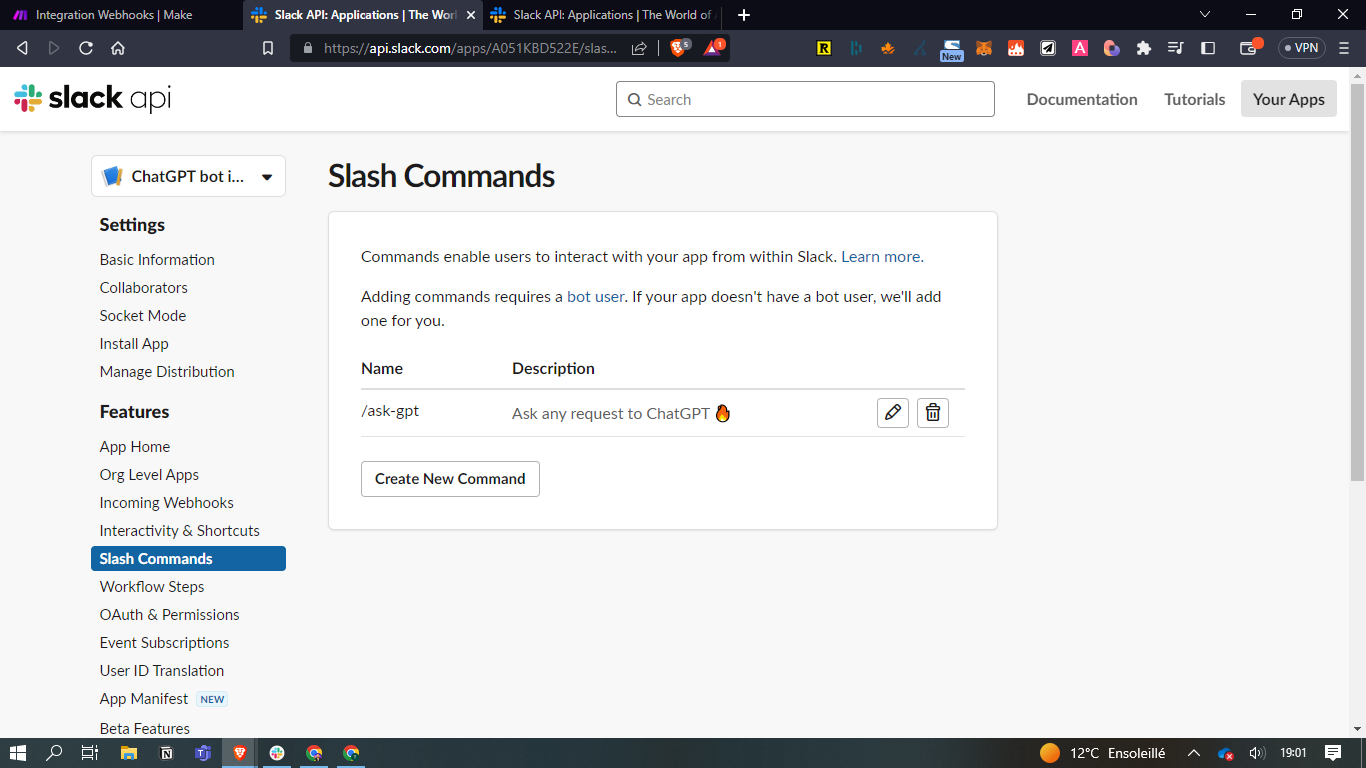 Page Slash Commands d'une application Slack listant la commande /ask-gpt avec sa description et ses actions