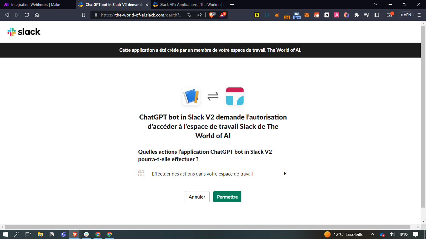 Écran d'autorisation Slack où l'application ChatGPT bot demande l'accès à l'espace de travail, avec le bouton Permettre