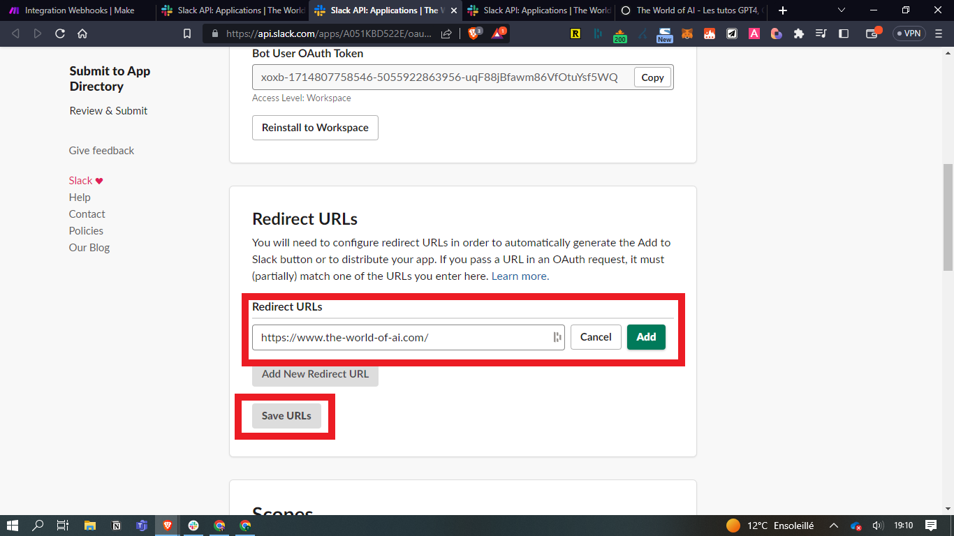 Section Redirect URLs d'une application Slack, avec l'ajout d'une URL de redirection puis le bouton Save URLs