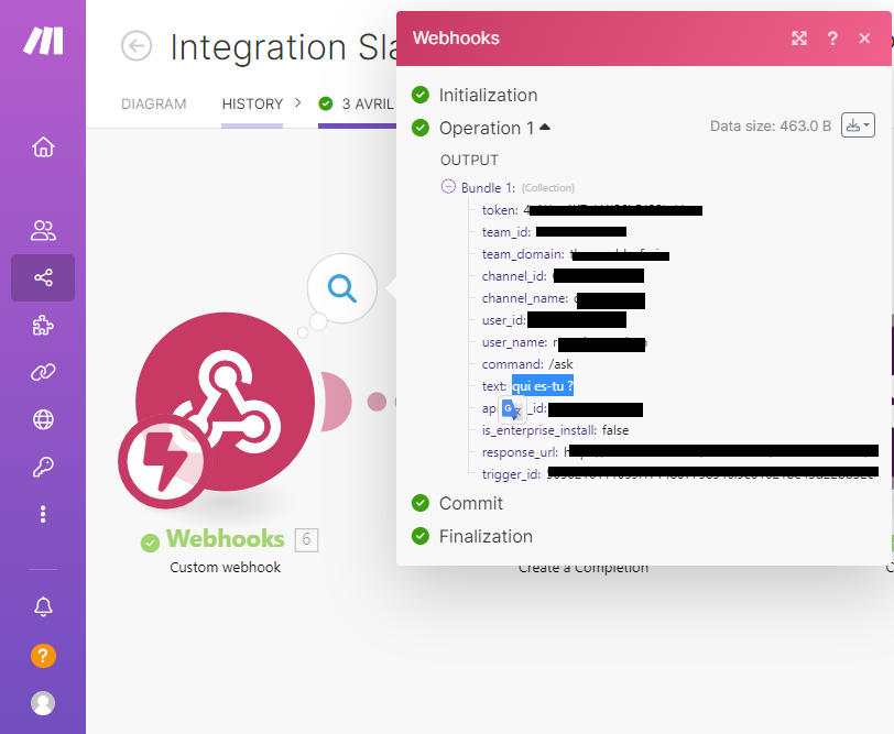 Données reçues par le webhook Make depuis Slack, avec la commande /ask et le texte de la question, identifiants masqués