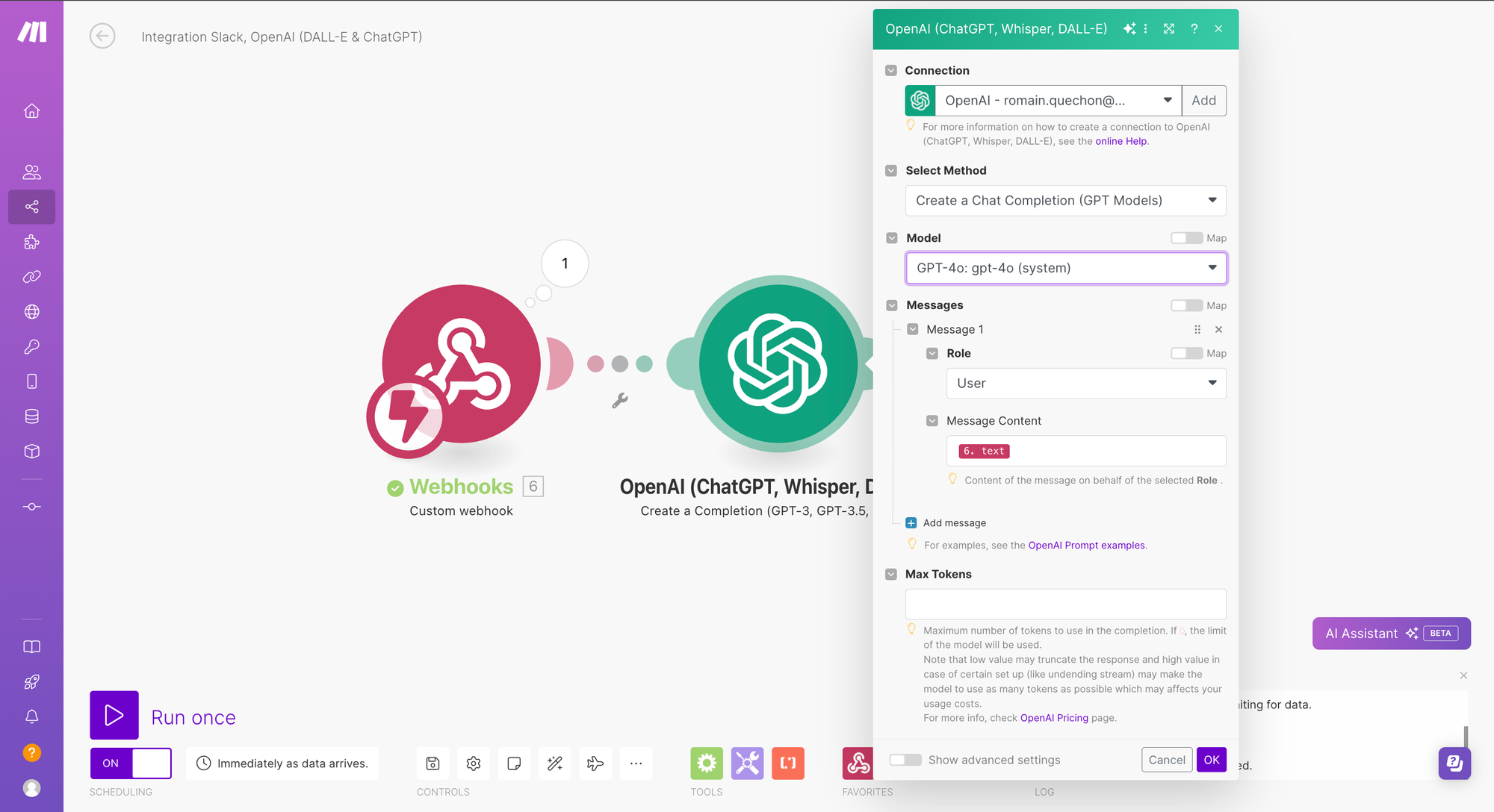Configuration du module OpenAI dans Make : méthode Chat Completion, modèle GPT-4o et contenu du message utilisateur