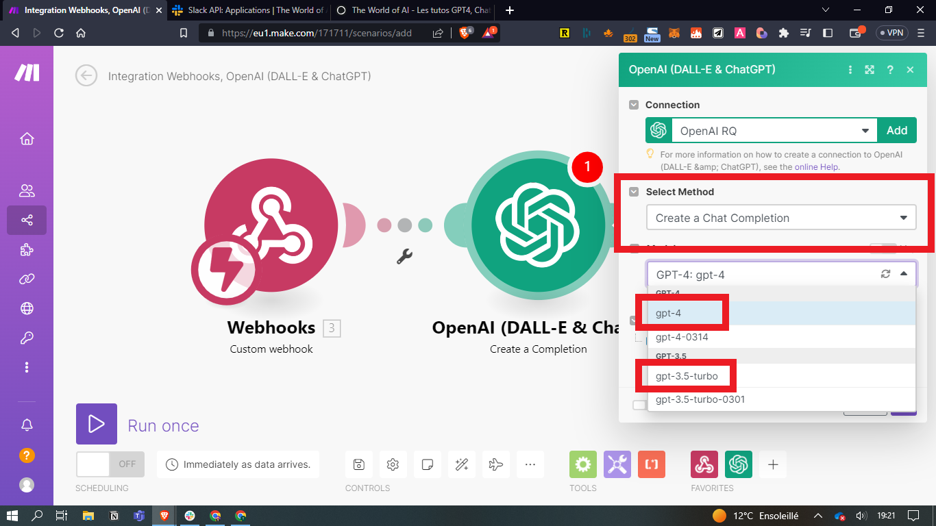 Module OpenAI dans Make avec la méthode Create a Chat Completion et le choix des modèles gpt-4 et gpt-3.5-turbo encadré
