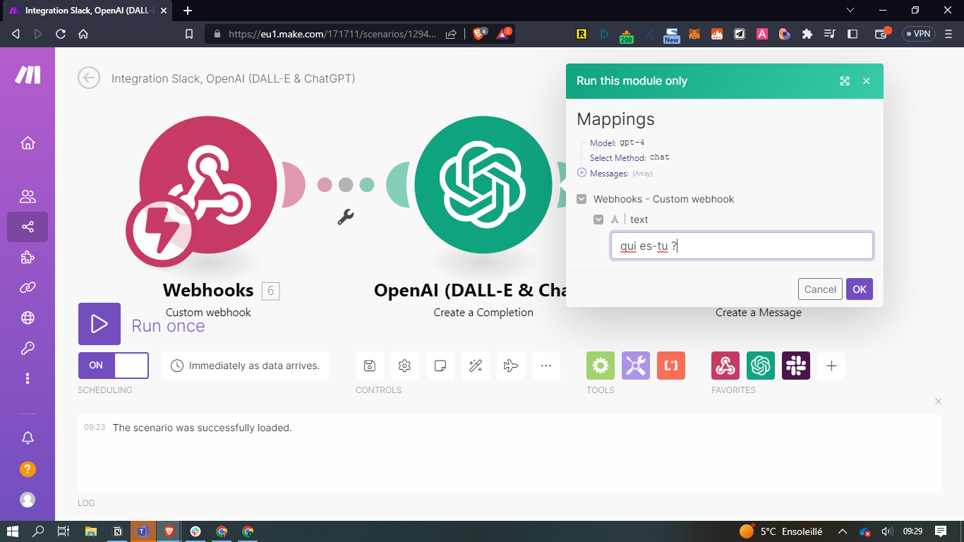 Test du module OpenAI seul dans Make, avec le texte de test qui es-tu saisi dans le champ de mapping du webhook