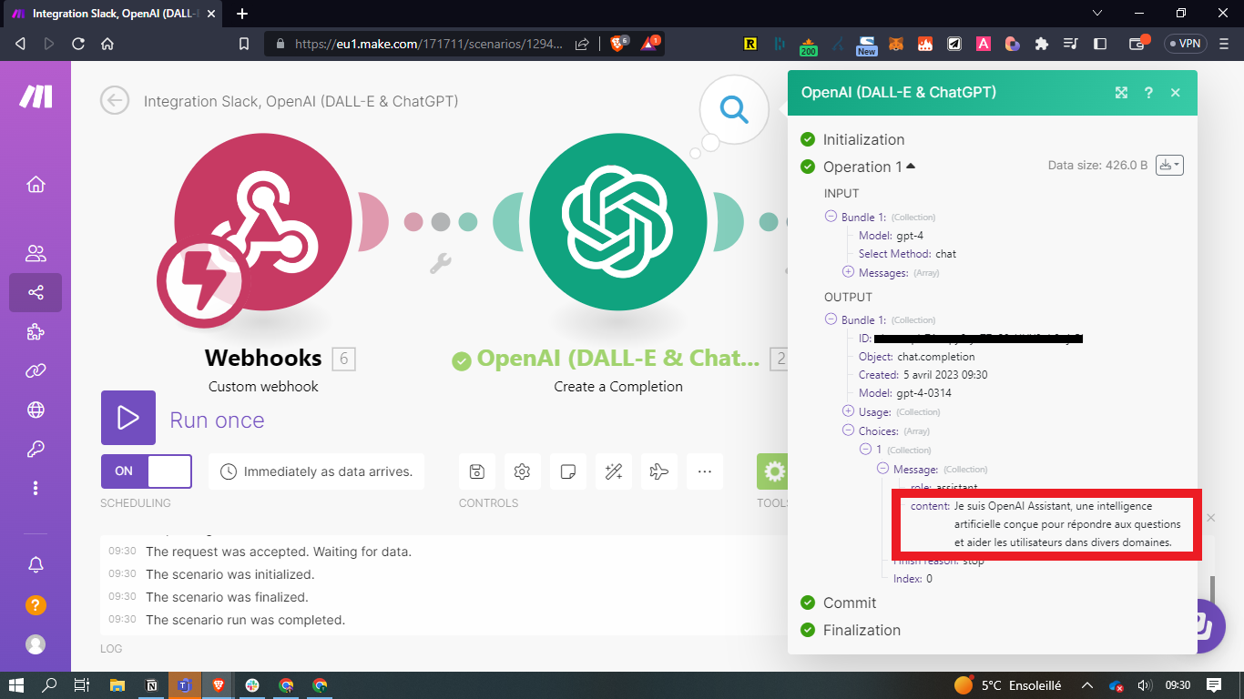 Résultat du module OpenAI dans Make, avec la réponse de l'assistant encadrée dans le détail de la sortie