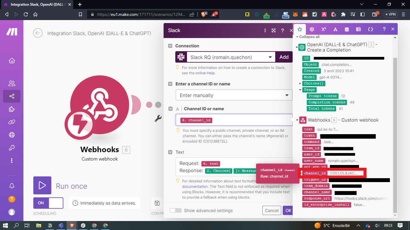 Module Slack Create a Message dans Make, avec le canal issu du webhook et le texte qui combine requête et réponse