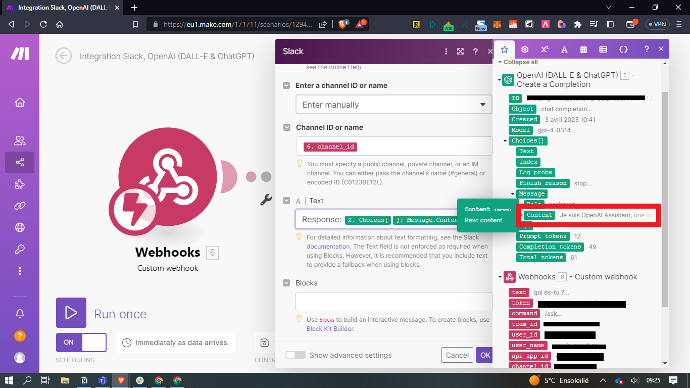 Mapping du contenu de la réponse OpenAI dans le champ texte du module Slack de Make, encadré en rouge