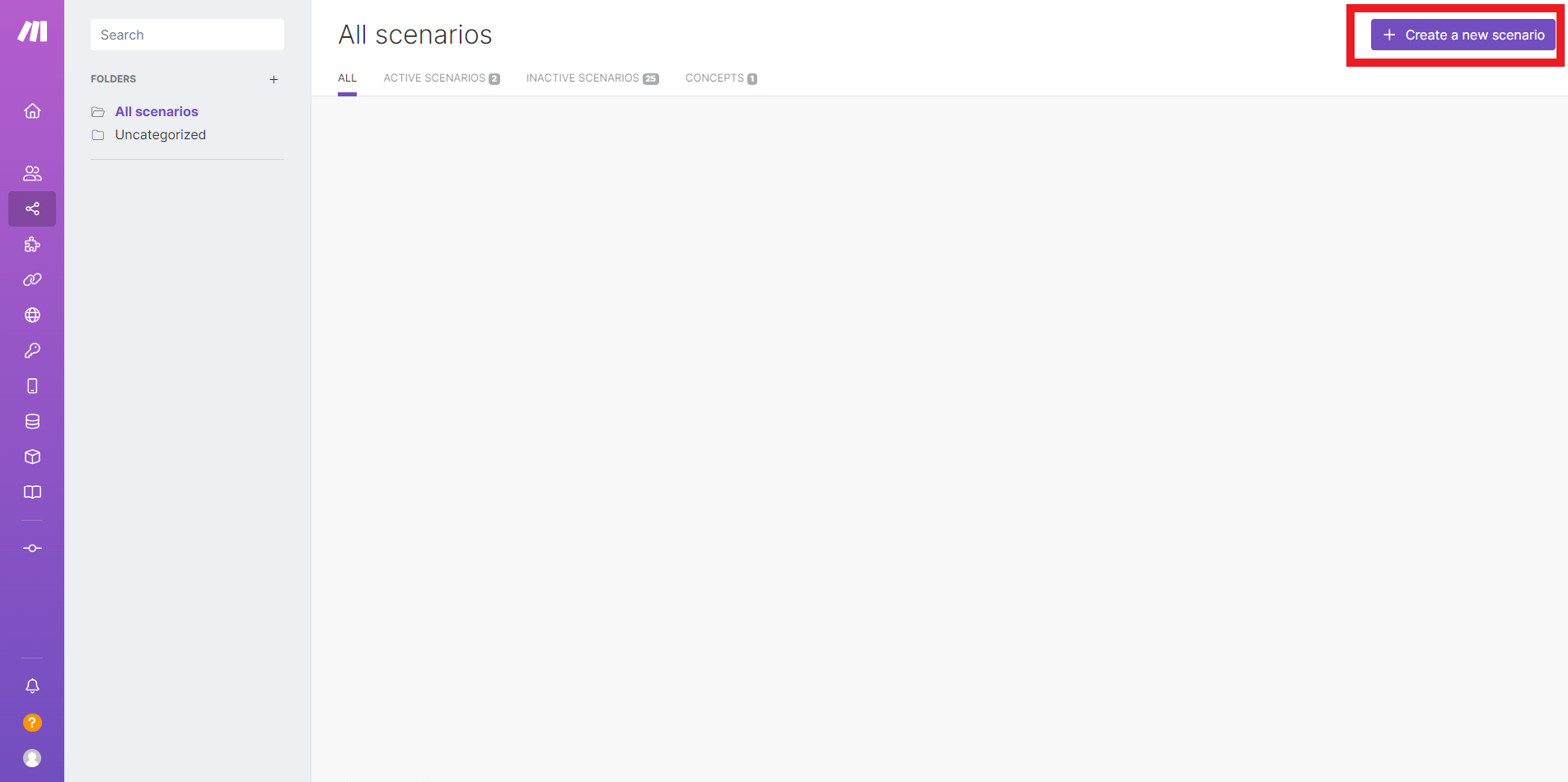 Liste des scénarios dans Make, avec le bouton Create a new scenario encadré en rouge en haut à droite de l'écran