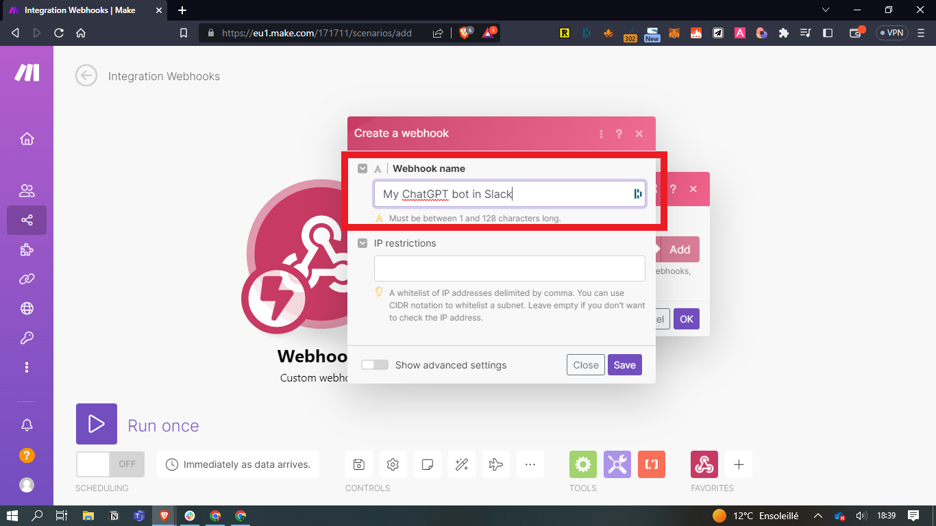 Fenêtre de création d'un webhook dans Make, avec le champ du nom rempli par My ChatGPT bot in Slack