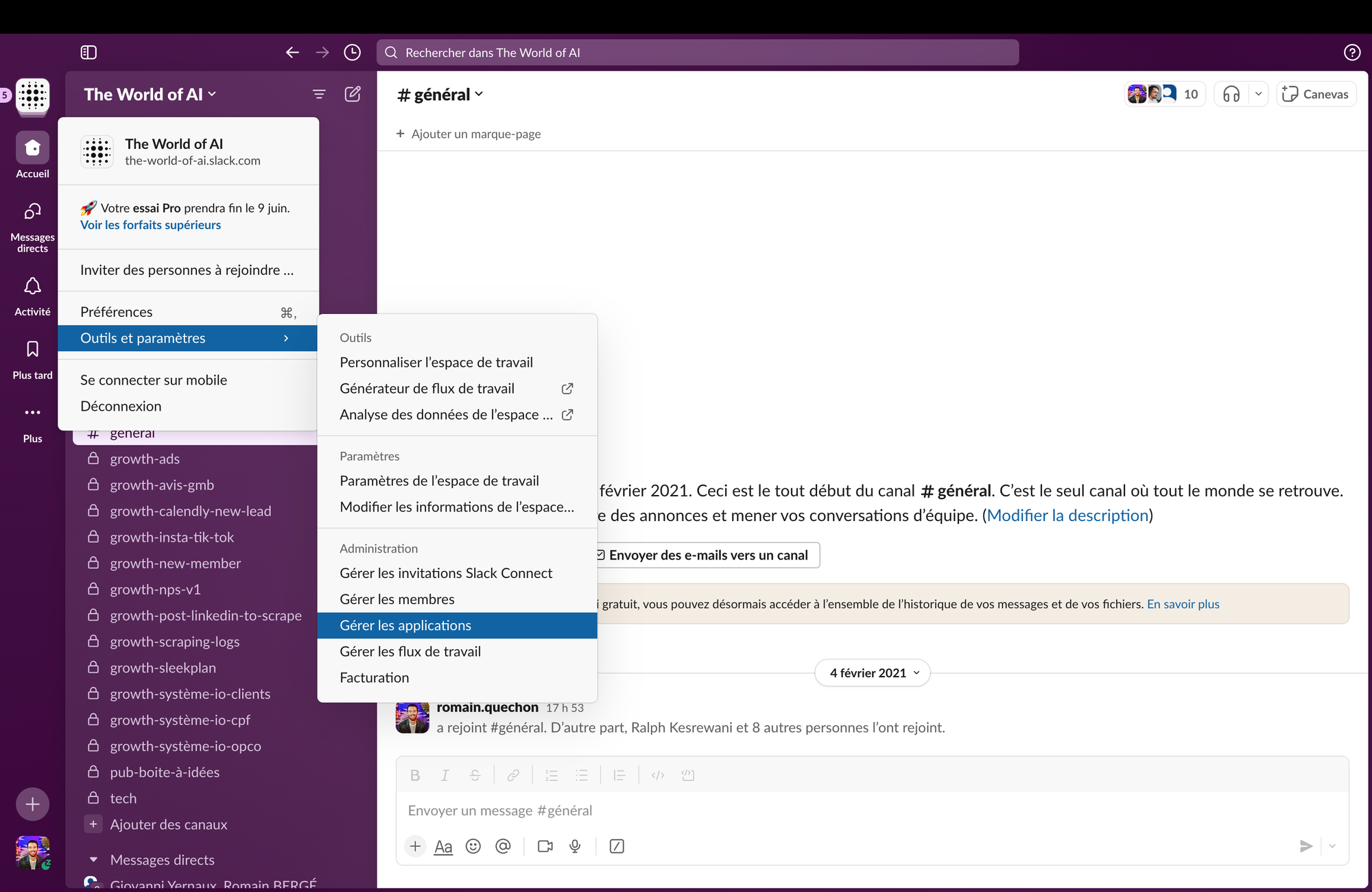 Menu d'administration d'un espace Slack ouvert sur Outils et paramètres, avec l'option Gérer les applications