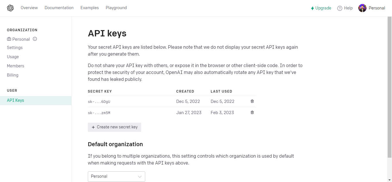 Page API keys de la plateforme OpenAI listant deux clés secrètes, avec le bouton Create new secret key