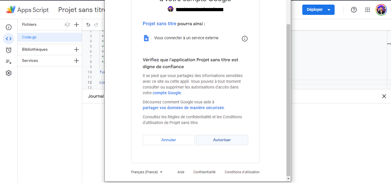 Écran Google détaillant les accès demandés par le projet Apps Script, avec les boutons Annuler et Autoriser