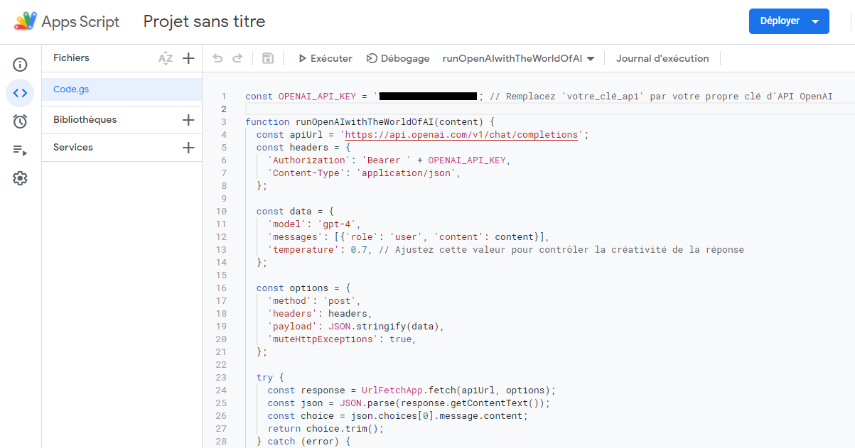 Script Apps Script qui appelle l'API OpenAI avec GPT-4, la clé API étant masquée sur la première ligne du code