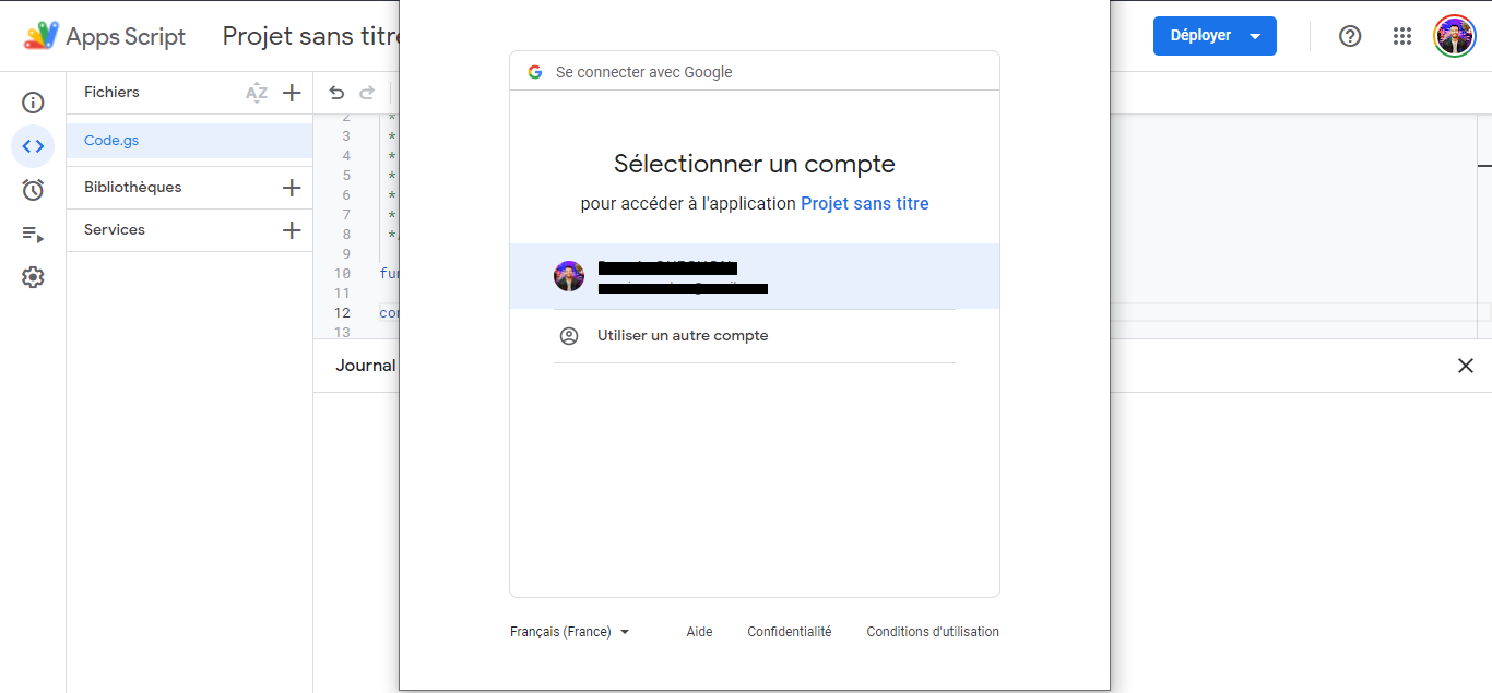 Fenêtre de connexion Google invitant à sélectionner un compte pour autoriser le projet Apps Script sans titre