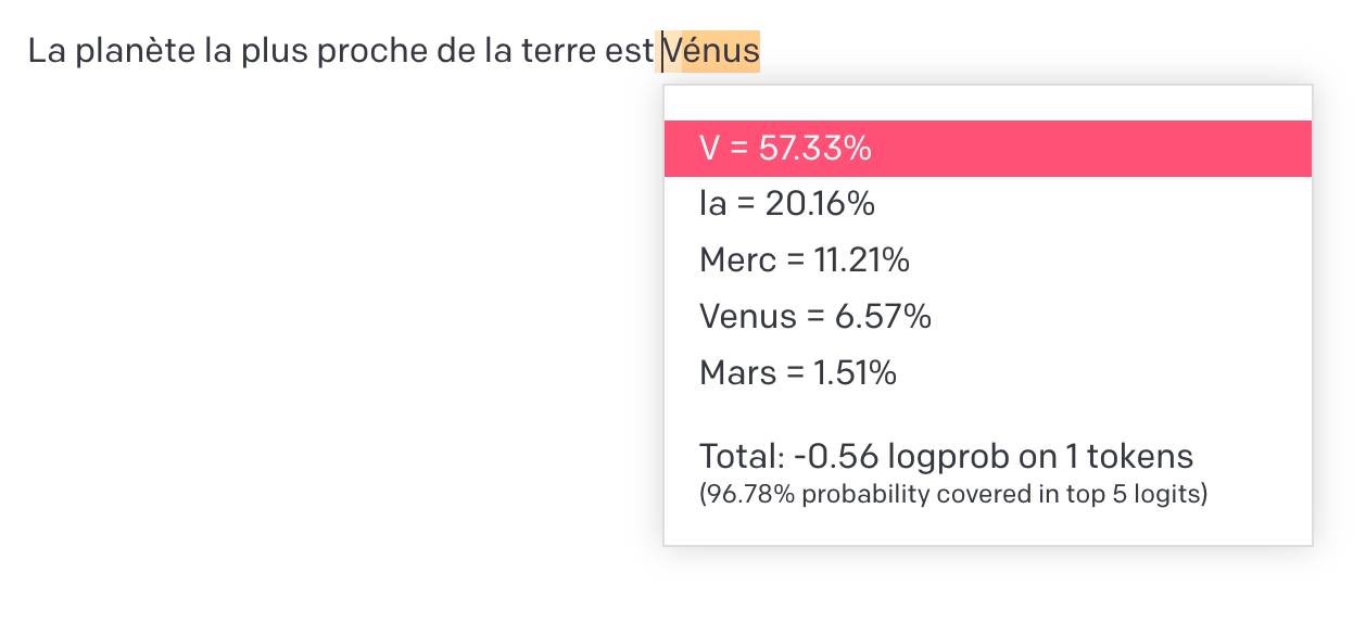 Prédiction du mot suivant par un modèle de langage, avec les probabilités de chaque token pour compléter une phrase